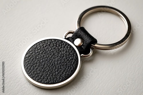 Illustration of close up of a black leather keychain with metal ring isolated on white background 4k