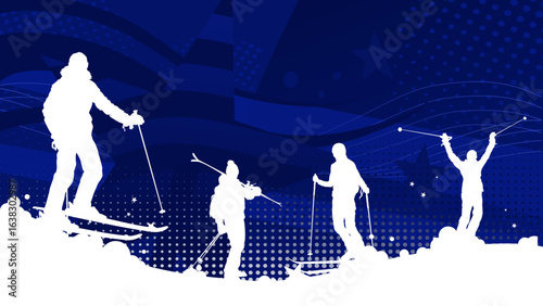 Blue winter sports background banner with skiers silhouettes