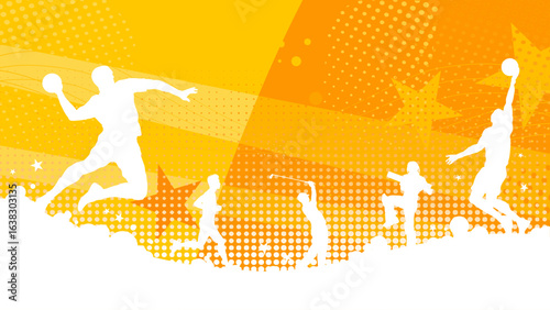 Orange sport background banner with handball, basketball, cricket and golf players silhouettes