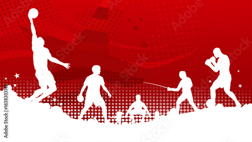 Red sport background banner with basketball player, boxer, fencer, and handball players silhouettes