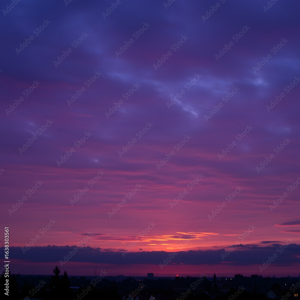 Fototapeta premium Serene cityscape silhouette under a magnificent and vibrant purple twilight sky with magenta clouds.