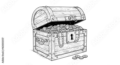 An antique open wooden treasure chest overflowing with sparkling diamonds gold coins and a pearl necklace depicted in a detailed black and white illustration
