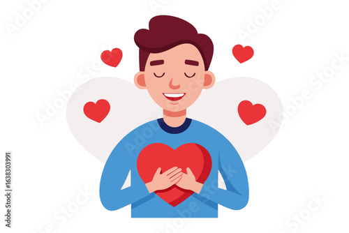 Embracing Affection and Joy: A joyful individual radiates love, cradling a heart while surrounded by affectionate hearts in a heartwarming illustration.