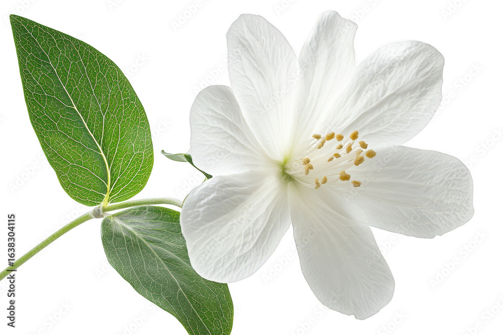 Obraz premium Delicate white blossom with green leaves on a transparent background isolated on transparent background