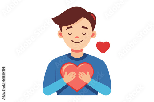 Love and Self-Care: An illustrated figure radiates warmth, holding a heart, with eyes serenely closed, conveying a feeling of tranquility and self-love.