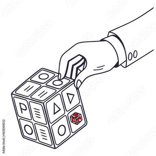 Businessperson s hand manipulating a large cube with various symbols and a small red dice representing chance