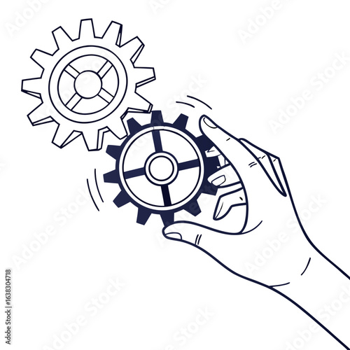 Hand adjusting interlocking gears symbolizing teamwork mechanics and the process of creation