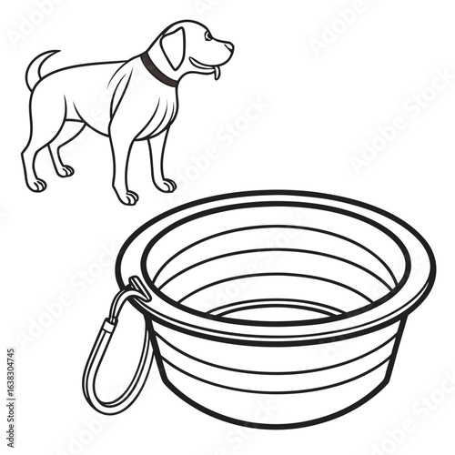 Happy dog standing next to a collapsible pet travel bowl ready for a walk or outdoor adventure