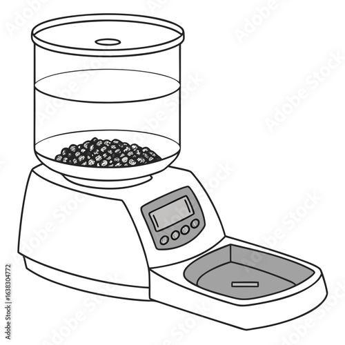Illustration of an automatic pet feeder with a transparent food reservoir and a digital display