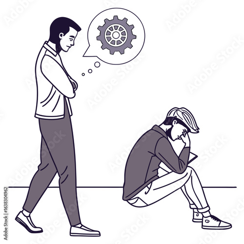 One person walks away while another sits dejected with a thought bubble containing a gear symbol