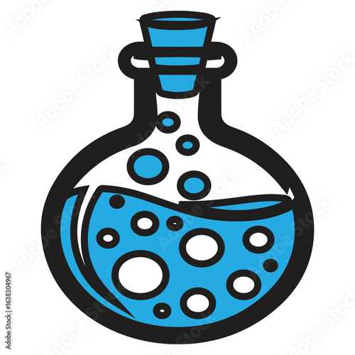Illustration of a blue potion bottle with bubbling liquid, representing science, chemistry, magic, and alchemy, isolated on white background ideal for experiments, research, and mysterious concoctions
