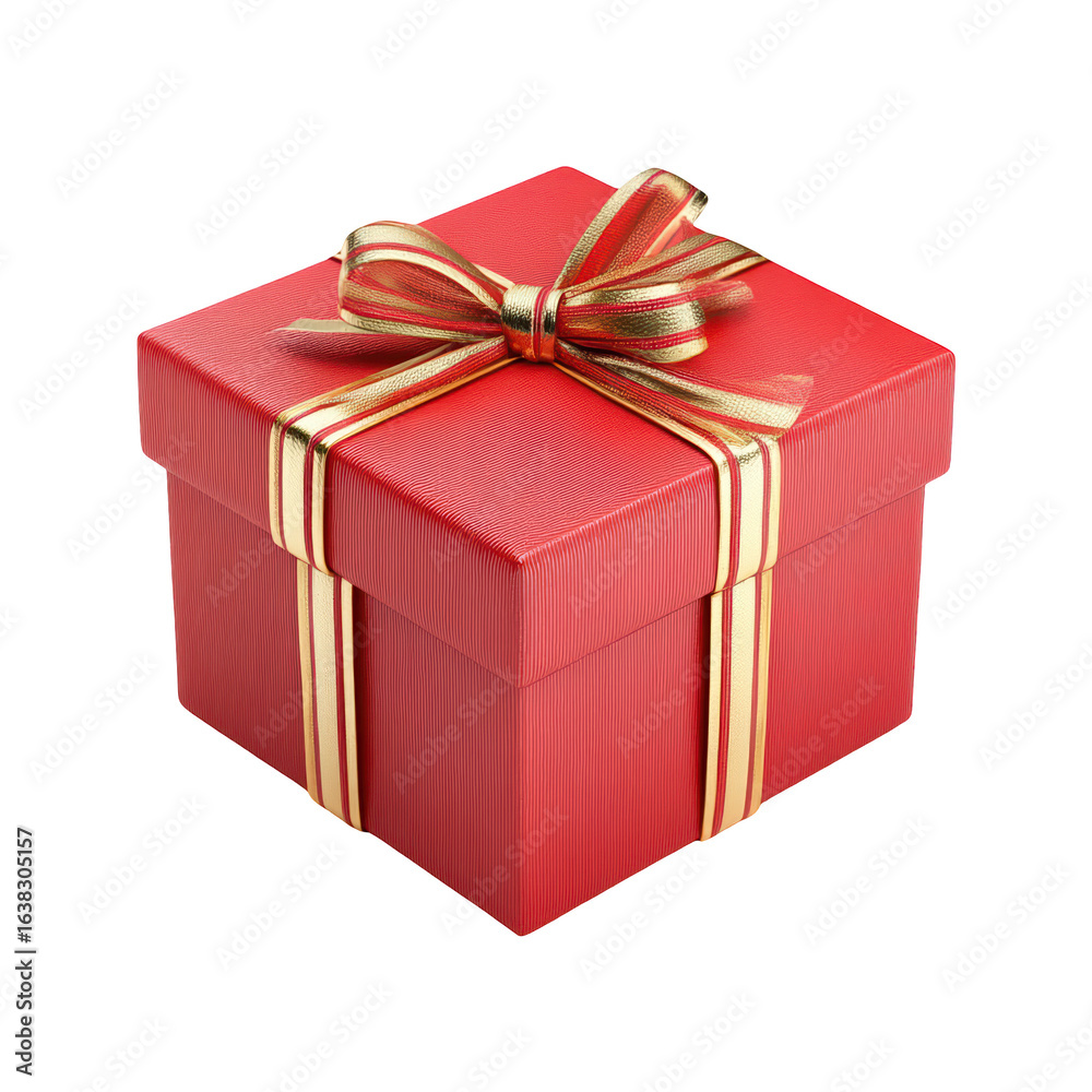Obraz premium Red gift box with gold ribbon festive present surprise celebration, isolated on transparent background, perfect cutout, PNG