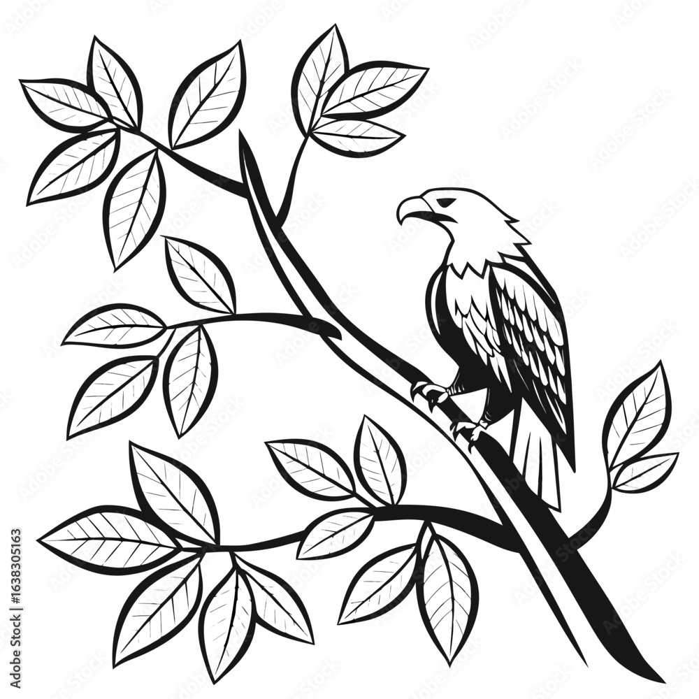 Naklejka premium Stylized black and white illustration of a majestic eagle perched on a tree branch with leaves