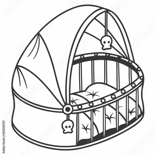 Stylized black and white illustration of a baby bassinet with a canopy and skull mobile