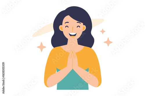 Illustration of a Joyful Woman: A charming illustration depicts a woman radiating happiness, her hands clasped in a gesture of gratitude and serenity.