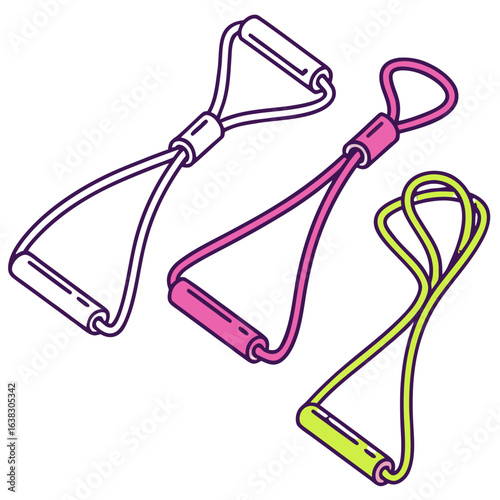 Three colorful resistance bands with handles isolated on a black background for fitness and exercise