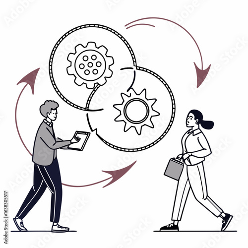 Two people interacting with interconnected gears and circular arrows representing collaboration and workflow