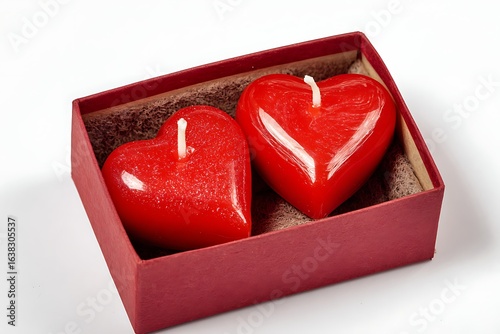 Illustration of two red heartshaped candles in a box, isolated on white background, perfect for valentines day 4k