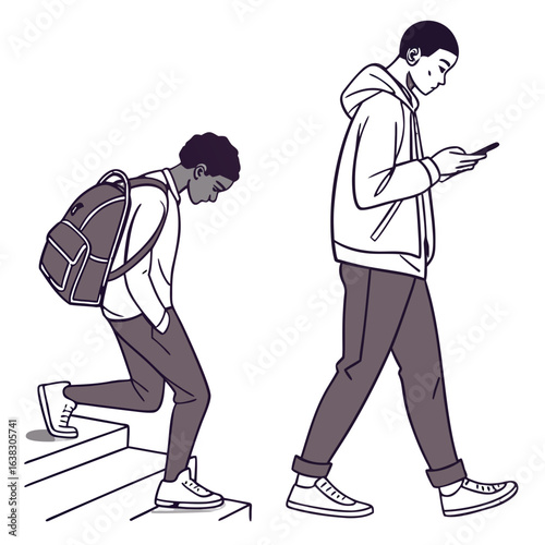 Young man with backpack climbing stairs while another man walks looking at his phone