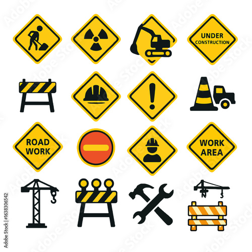 20 Construction Sign Vector Icons - Detailed Road and Work Zone Safety Symbols