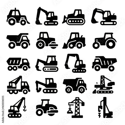 20 Builder Machine Vector Icons - Black and White Construction Equipment Silhouette Set