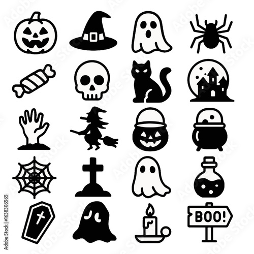 20 Halloween Vector Icons - Black and White Spooky Symbol Collection