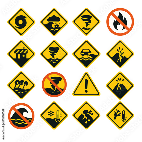 20 Natural Disaster Warning Vector Icons - Emergency and Hazard Signage Set