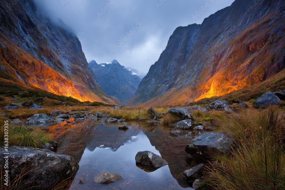 Obraz premium Autumnal mountain valley reflecting in a calm pool