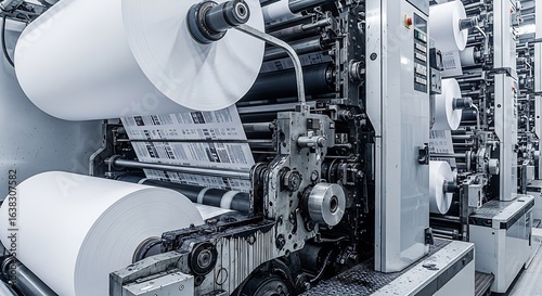 A large industrial printing machine in operation, producing highquality printed materials