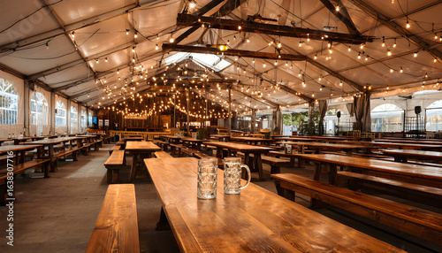 Beer tent with long wooden tables and string lights in evening  