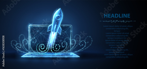 Digital rocket launch. Site startup, new project, fast tech, marketing solution