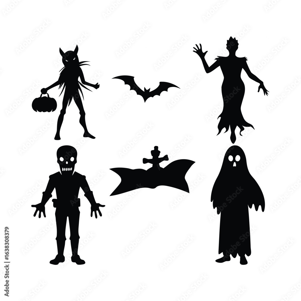 Fototapeta premium Halloween silhouettes of spooky characters and symbols