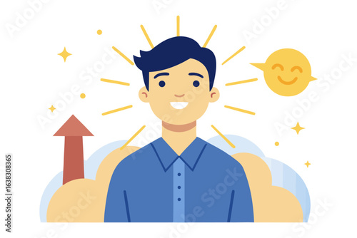 The Ascent of Joy: An animated illustration of a man radiating joy, his smile as bright as the upward arrow beside him, a symbol of growth. This picture capture happy, smile and inspiration 