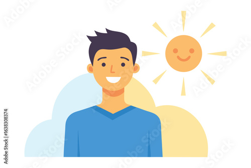 Cheerful Sunny Day: An illustration depicts a cheerful man basking in the sun, symbolizing happiness and optimism. The sun is smiling happily.