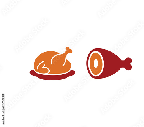 Roasted Chicken, turkey and ham, Meat Food Flat Icons Set. Vector Color Silhouette Illustration.