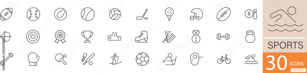 Naklejka premium Minimal black line icon set with 30 sports icons. Perfect for fitness apps, sports websites, tournaments, and athletic branding