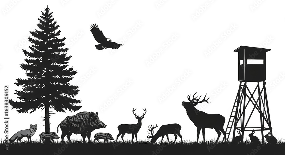 Fototapeta premium Forest wildlife scene Fox Boars Deer Eagle Stand