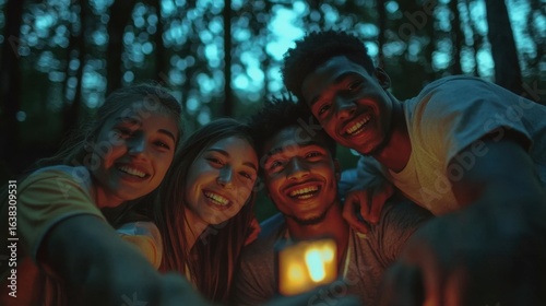 Friends gather around a candlelight in the woods.