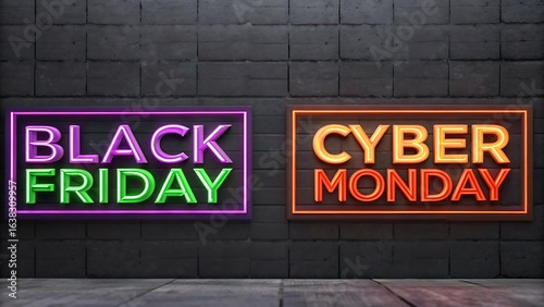 Bright neon signs announcing black friday and cyber monday sales against a dark brick wall
