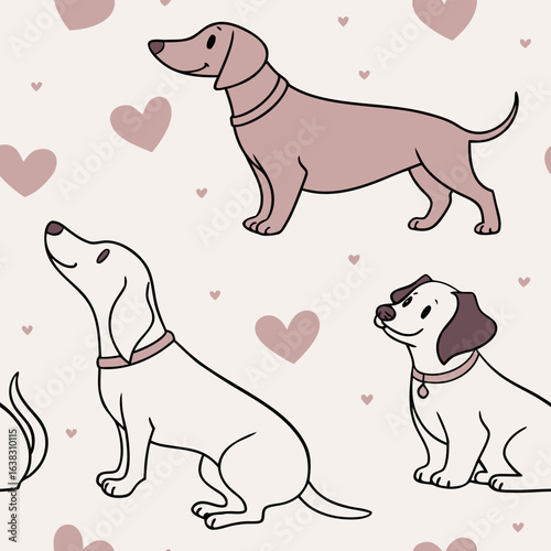 “Seamless vector repeat pattern with popular dog breeds — Labrador, French Bulldog, Dachshund, Poodle — pastel background, cute hand-drawn style, best-selling pet accessory design.”
