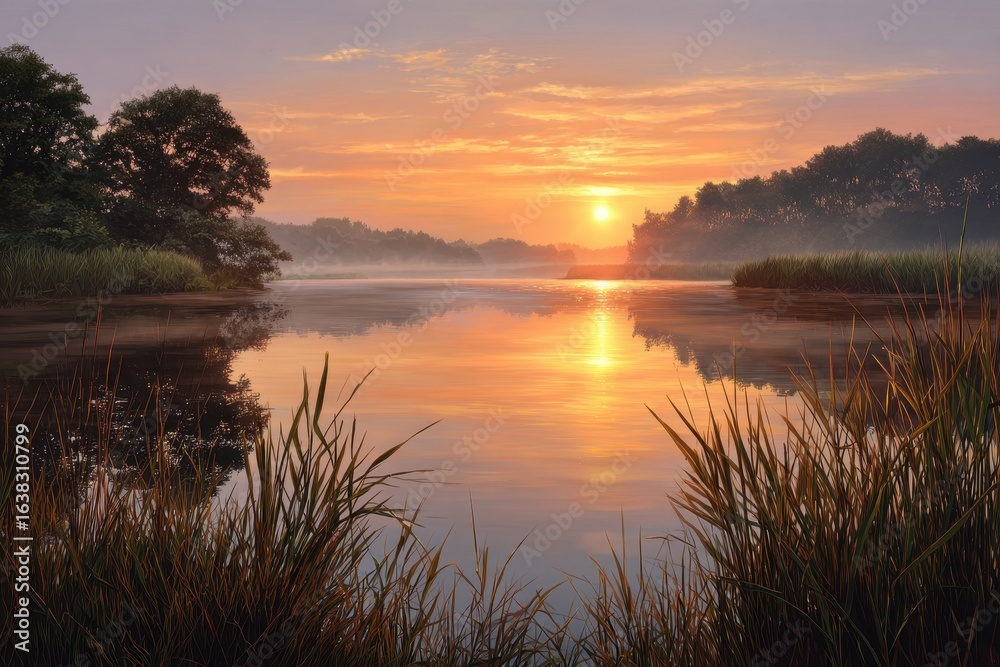 Obraz premium Serene sunrise over a misty river reflecting warm golden hues of the morning sky