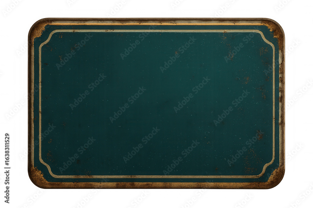 Fototapeta premium Old rusty metal sign with golden frame and teal background, isolated on transparent background, providing copy space for your message