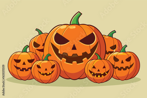 Wallpaper Mural Group of carved Halloween pumpkins with spooky faces and green stems jack o lantern Torontodigital.ca