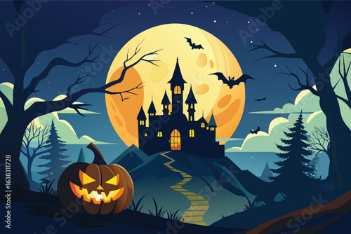 Spooky Halloween castle on a hill under a large full moon with bats and pumpkin night