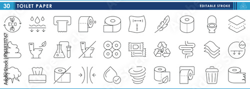A set of line icons related to Toilet Paper. Toilet, hygiene, eco friendly, cotton, waste, wipe, layers, pull, and so on. Vector editable stroke.