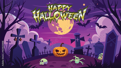 Spooky Halloween graveyard scene with pumpkin bats and ghosts cemetery