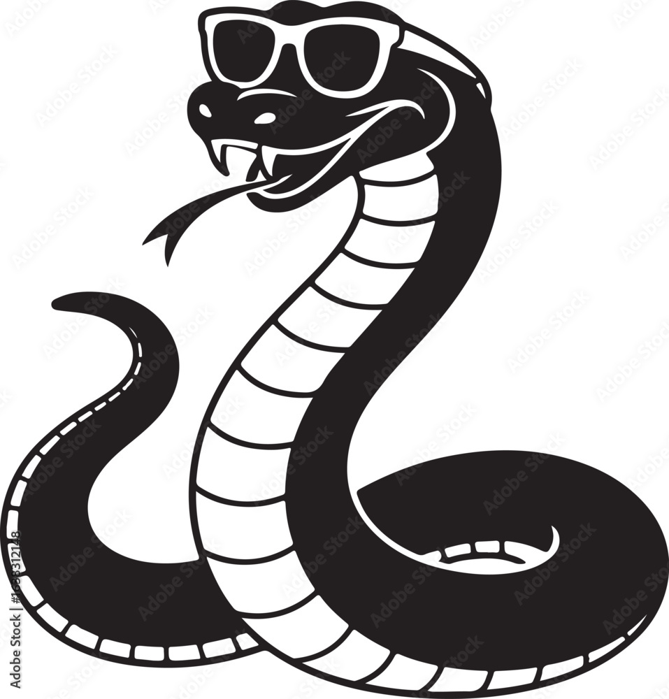 Fototapeta premium Funny Big Snake Wearing Sunglasses Black Silhouette Vector