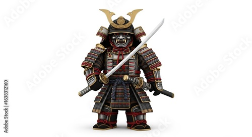 Detailed Black Traditional Samurai Warrior Holding Sword on White Background