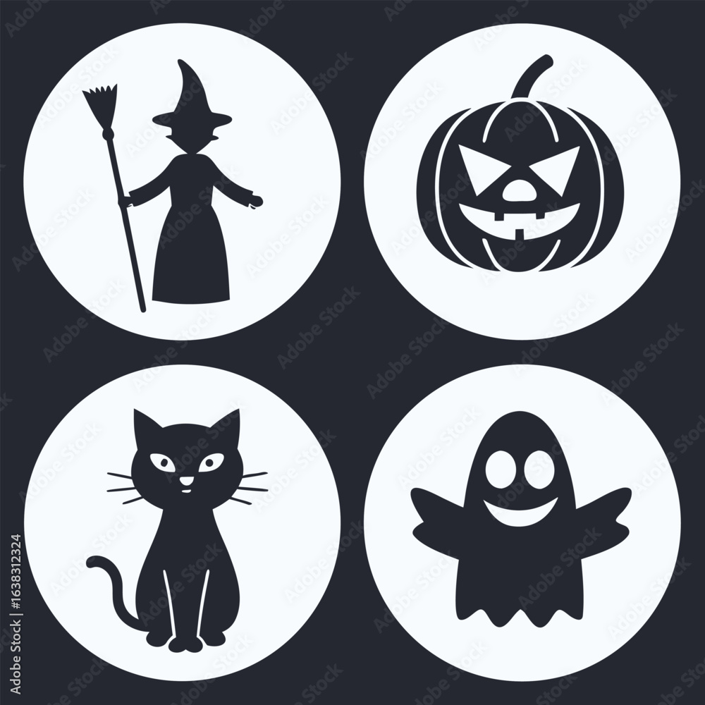 Fototapeta premium Halloween icons featuring a witch pumpkin cat and ghost