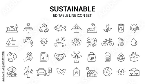 Sustainable And Eco-Friendly Icons Set. Renewable,  Energy,  recycling, Green Living, and Environmental Solutions. Vector Illustration.